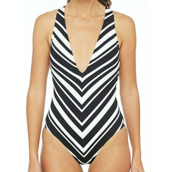 LA BLANCA Plunge Archistripe One Piece Swimsuit 8 NEW $149 - Picture 3 of 7
